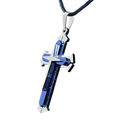 Men's Silver Tone And Blue Multi Layered Cross Pendant (6125) - Picture 4 of 5